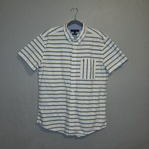 Tommy Hilfiger Blue & White Striped Short Sleeve Button Up Classic Preppy Sz XL